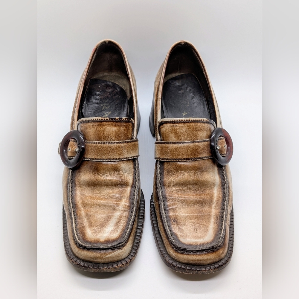 Vintage Prada Tan Leather Loafers with Buckle